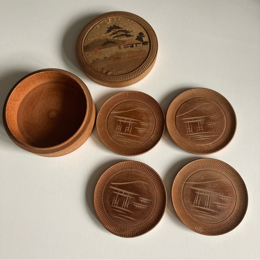 Vintage Asian Wood Coaster Set In Carved Wood Box
